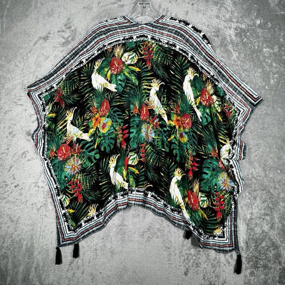 Nine West Kimono Women One Size White Black Green Botanical Cockatoo Boho Nature - Picture 3 of 7
